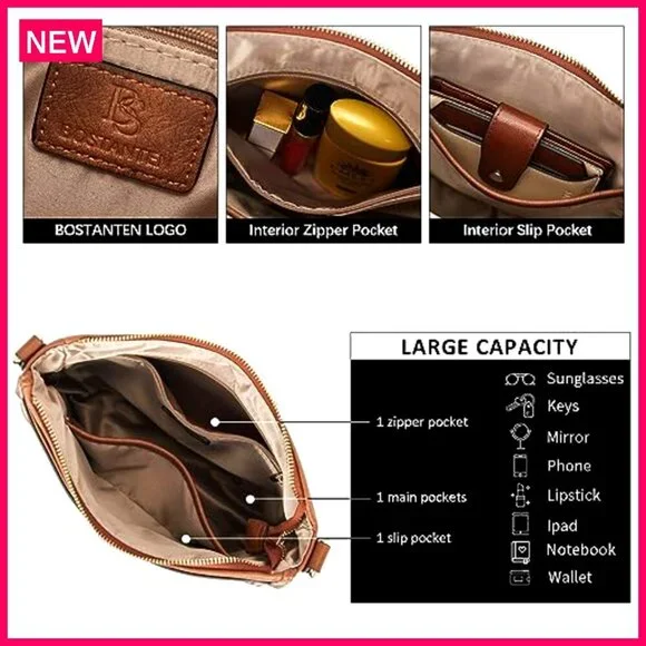 Vegan Leather Crossbody Bag with Wide Strap, Adjustable Hobo Purse - Picture 6 of 8